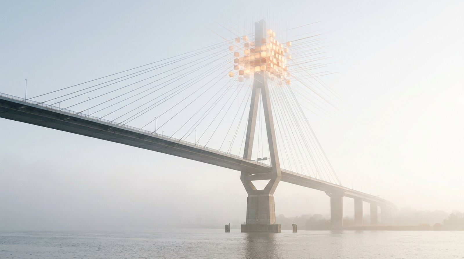 Die Köhlbrandbrücke im Morgendunst; die Spitze des vorderen Pylons löst sich in leuchtende orange Würfel auf