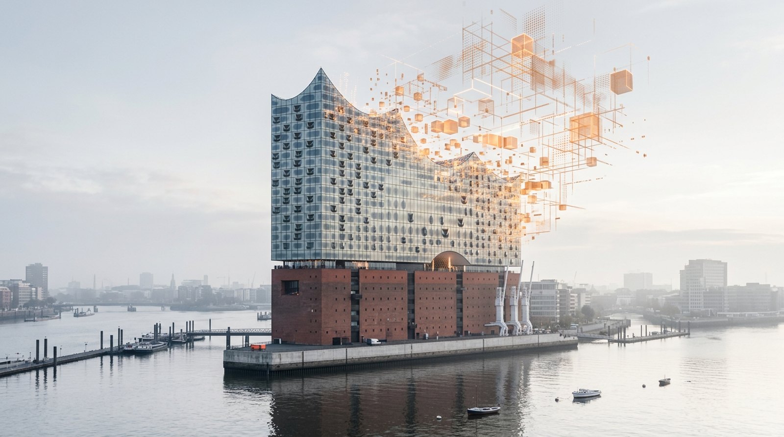 Die Elbphilharmonie im Morgendunst; das Wellendach löst sich in leuchtende orange Würfel und Datenlinien auf