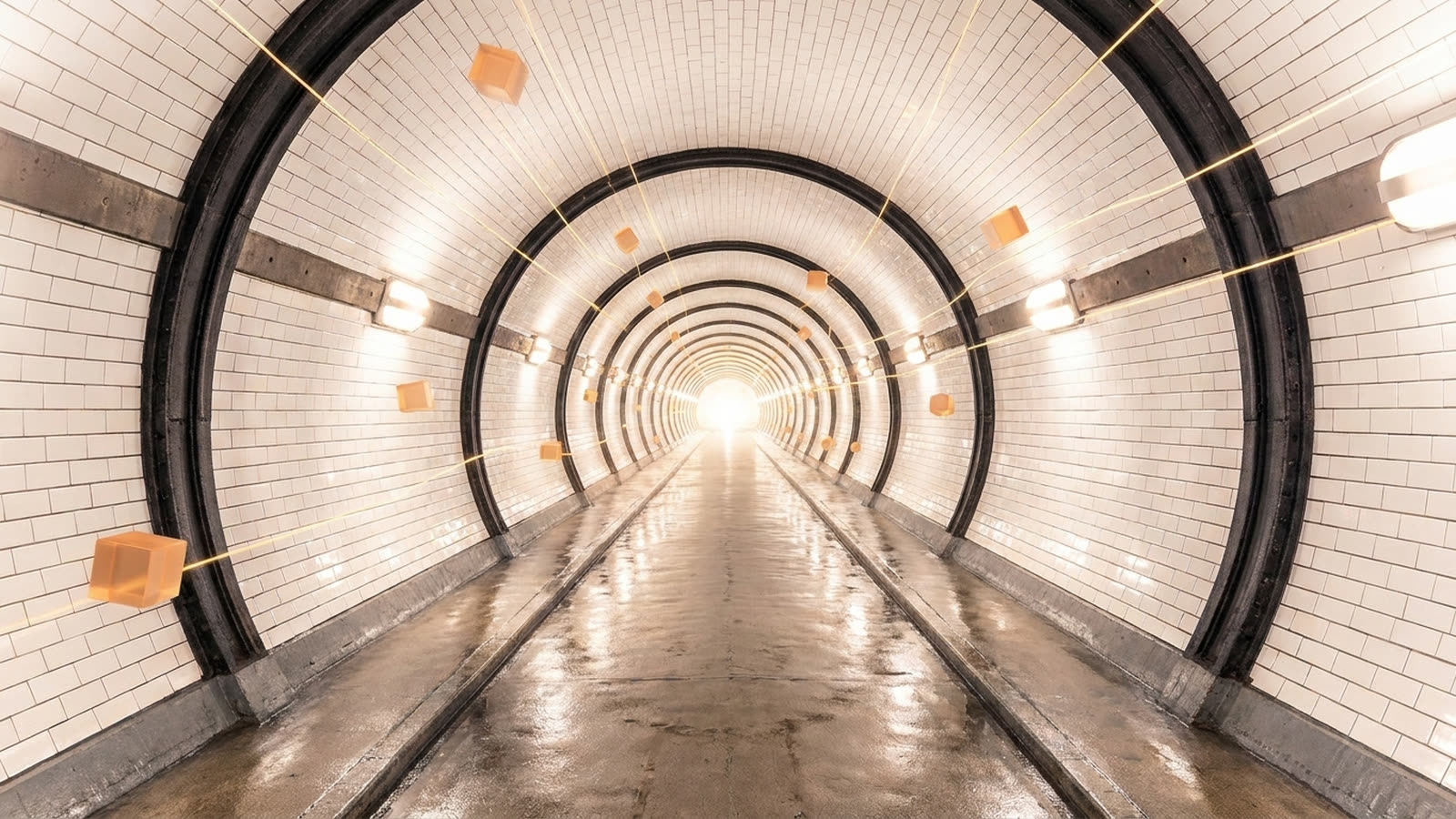 Blick geradeaus durch die weiß geflieste Röhre des Alten Elbtunnels auf das helle Ende; entlang der Wände schweben leuchtende orange Würfel und Datenlinien