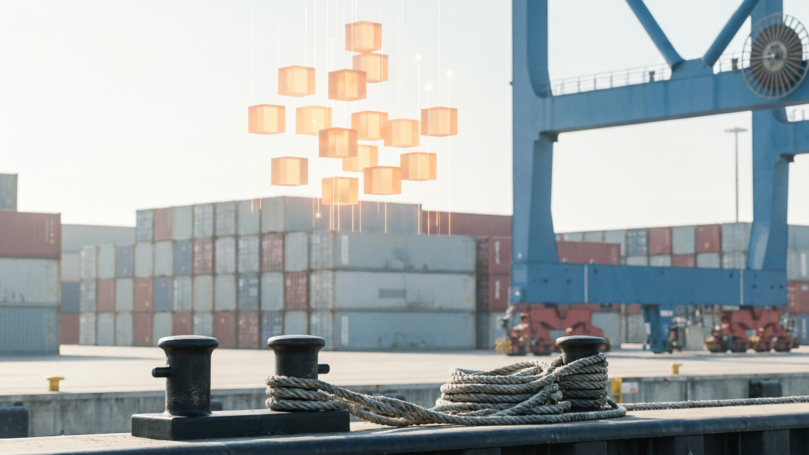 Poller und Trossen an der Kaikante eines Hamburger Containerterminals, dahinter gestapelte Container und ein Portalkran; über den Containern steigen leuchtende orange Würfel und Datenlinien auf