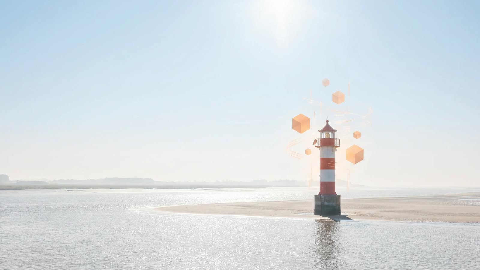 Ein rot-weißes Seezeichen auf einer Sandbank in der weiten, hellen Elbmündung; über der Laterne schweben leuchtende orange Würfel und Datenlinien