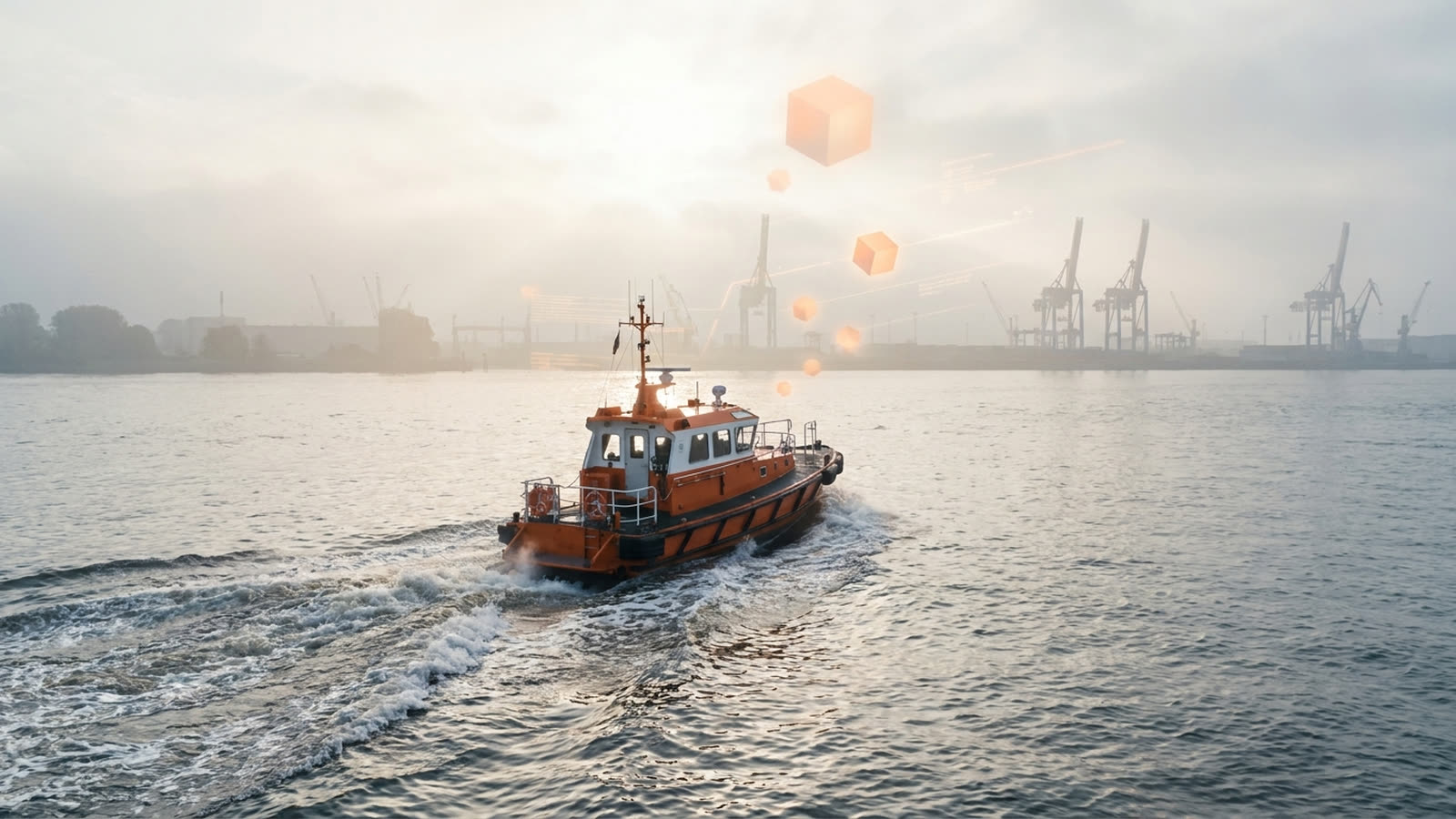 Ein Lotsenboot quert bei Morgendunst die helle Elbe; über dem Boot steigen leuchtende orange Würfel und Datenlinien auf