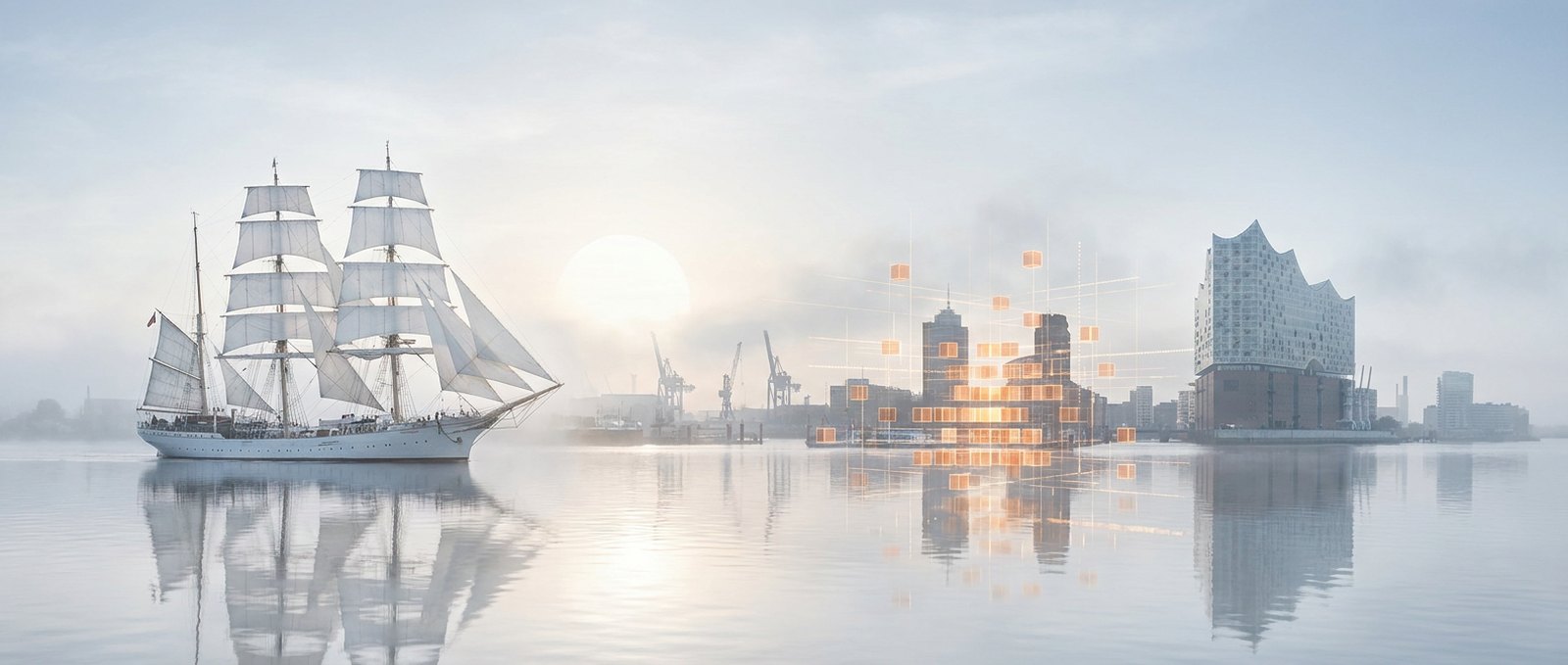 Ein Großsegler auf der Elbe vor der Hamburger Hafensilhouette im Morgendunst
