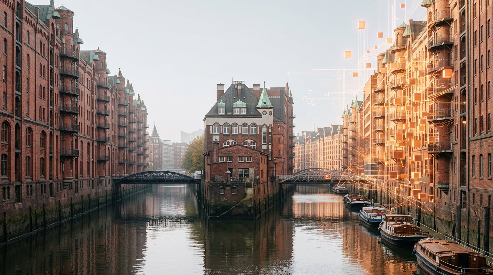 Die Hamburger Speicherstadt am hellen Morgen; ein Teil der Backsteinfassade löst sich in leuchtende orange Würfel und Datenlinien auf
