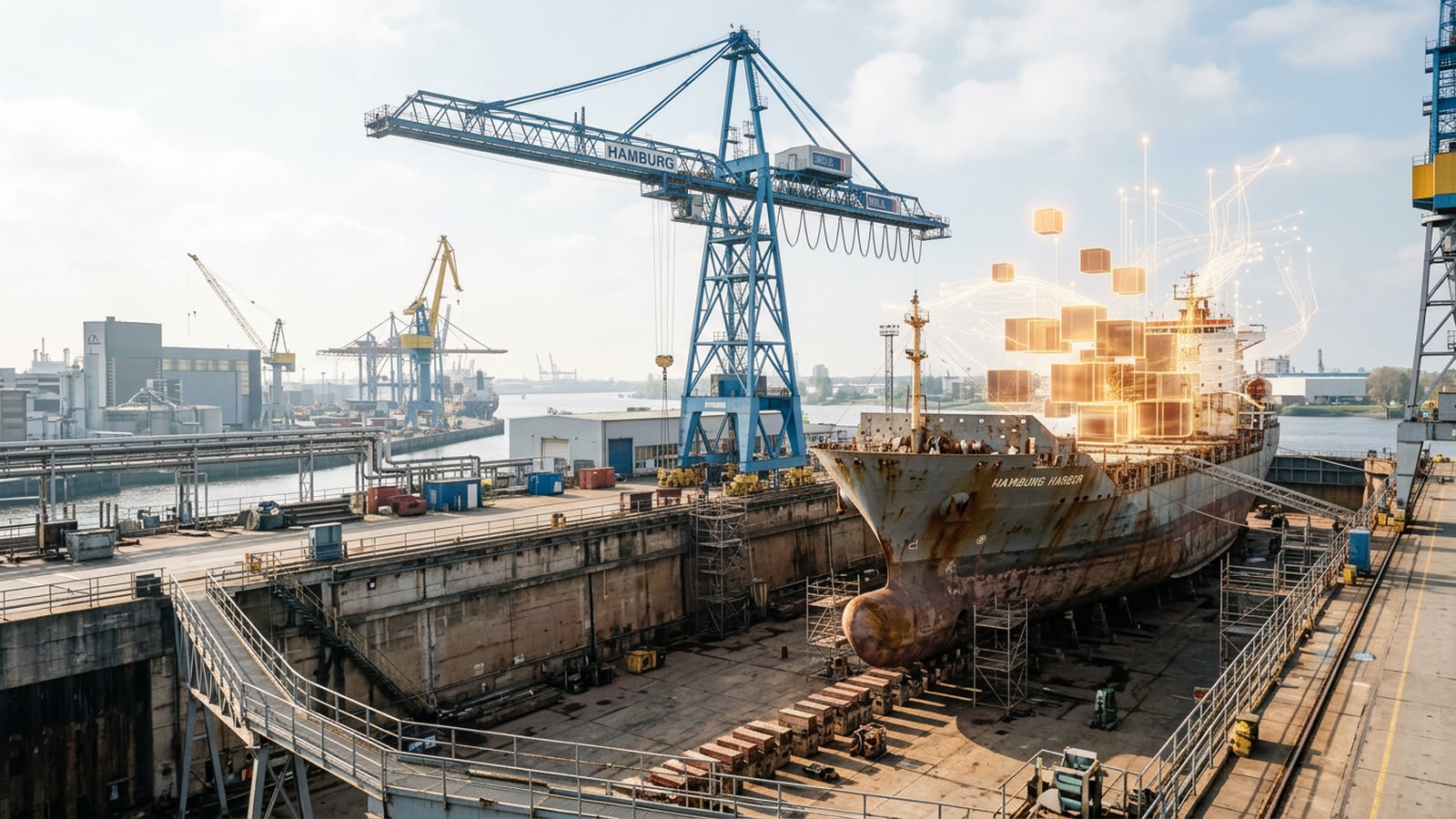 Ein Schiffsrumpf im Trockendock einer Hamburger Werft bei hellem Morgenlicht; über dem Rumpf steigen leuchtende orange Würfel und Datenlinien auf